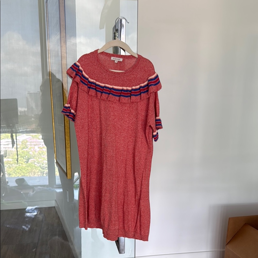 Caramel Ruffled Red and Blue Puff Sleeve Dress
